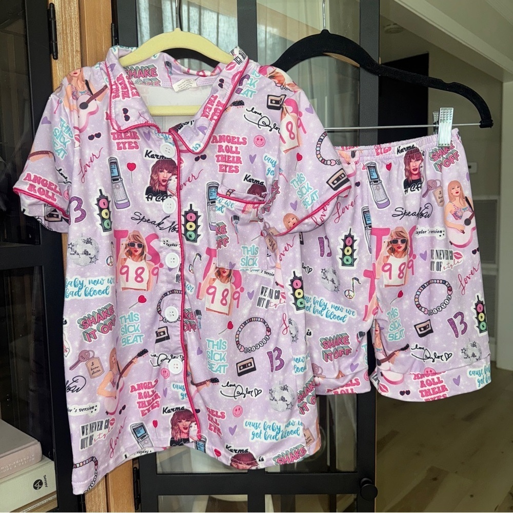 Swifty Pajamas set girls button down shirt top short sleeve shorts 13 eras tour
